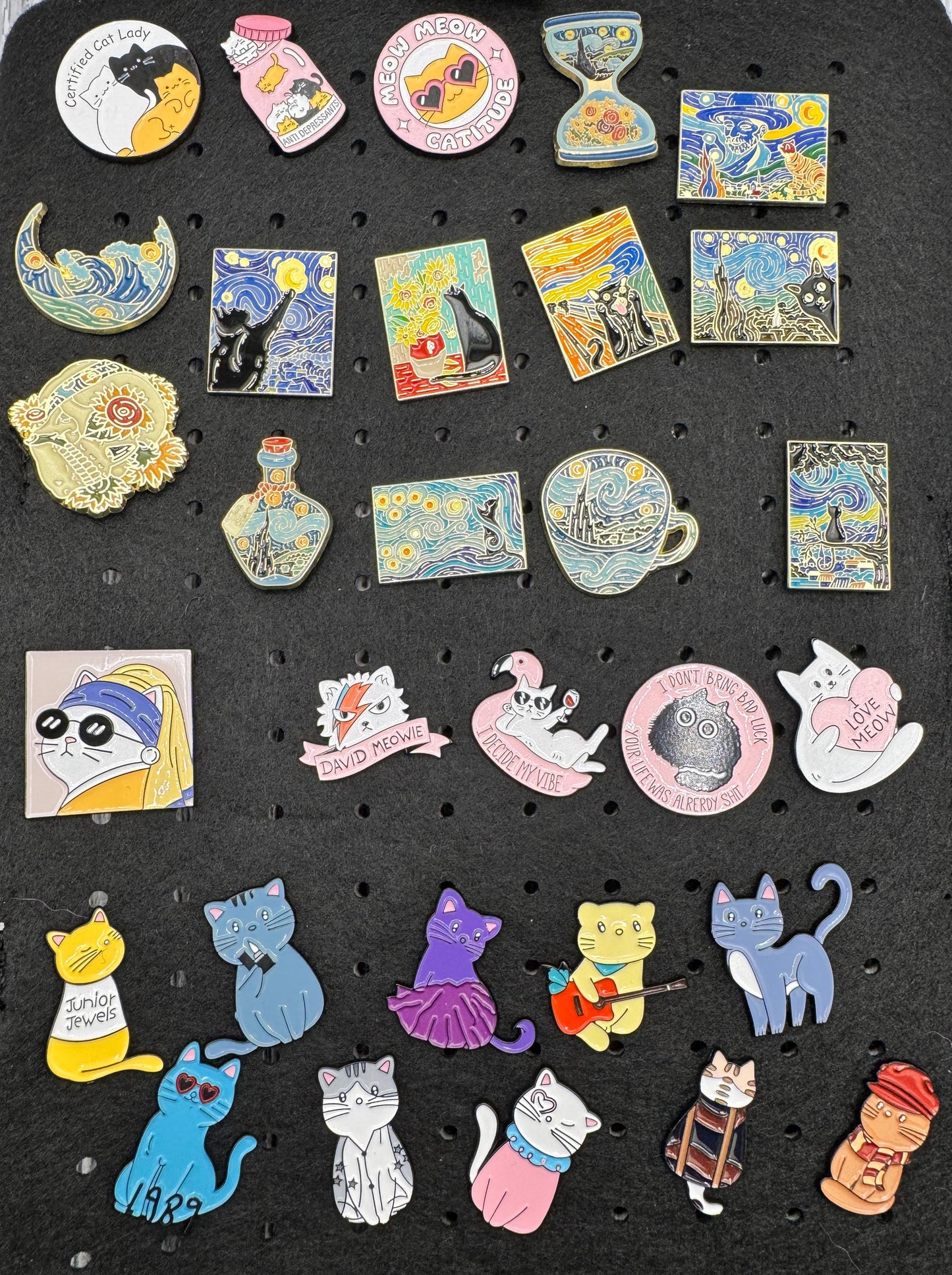 Selection of Cat pins, Hard Enamel Lapel Pin, Cat Art Pins, David Meowie